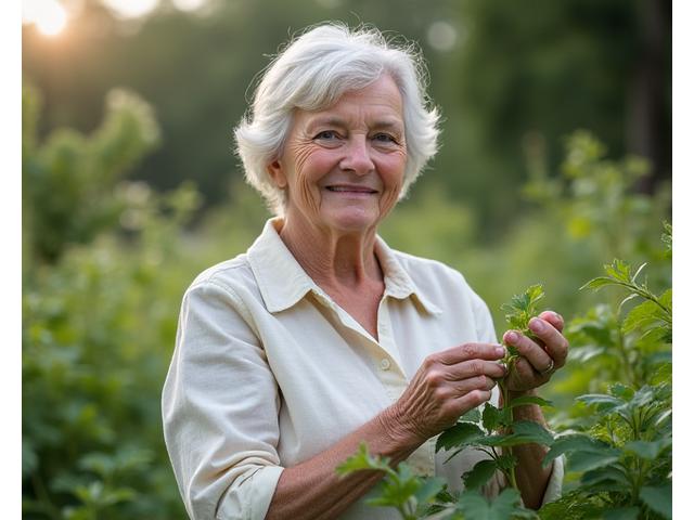 Porträt einer eleganten, älteren Dame, die in einem Garten Kräuter sammelt, ruhig und weise wirkt.