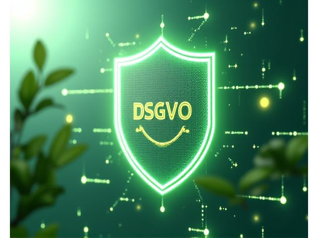 Eine moderne, wissenschaftlich anmutende Darstellung von verschlüsselten Daten und einer DSGVO-Konformitätsplakette, umgeben von grünen Blättern.